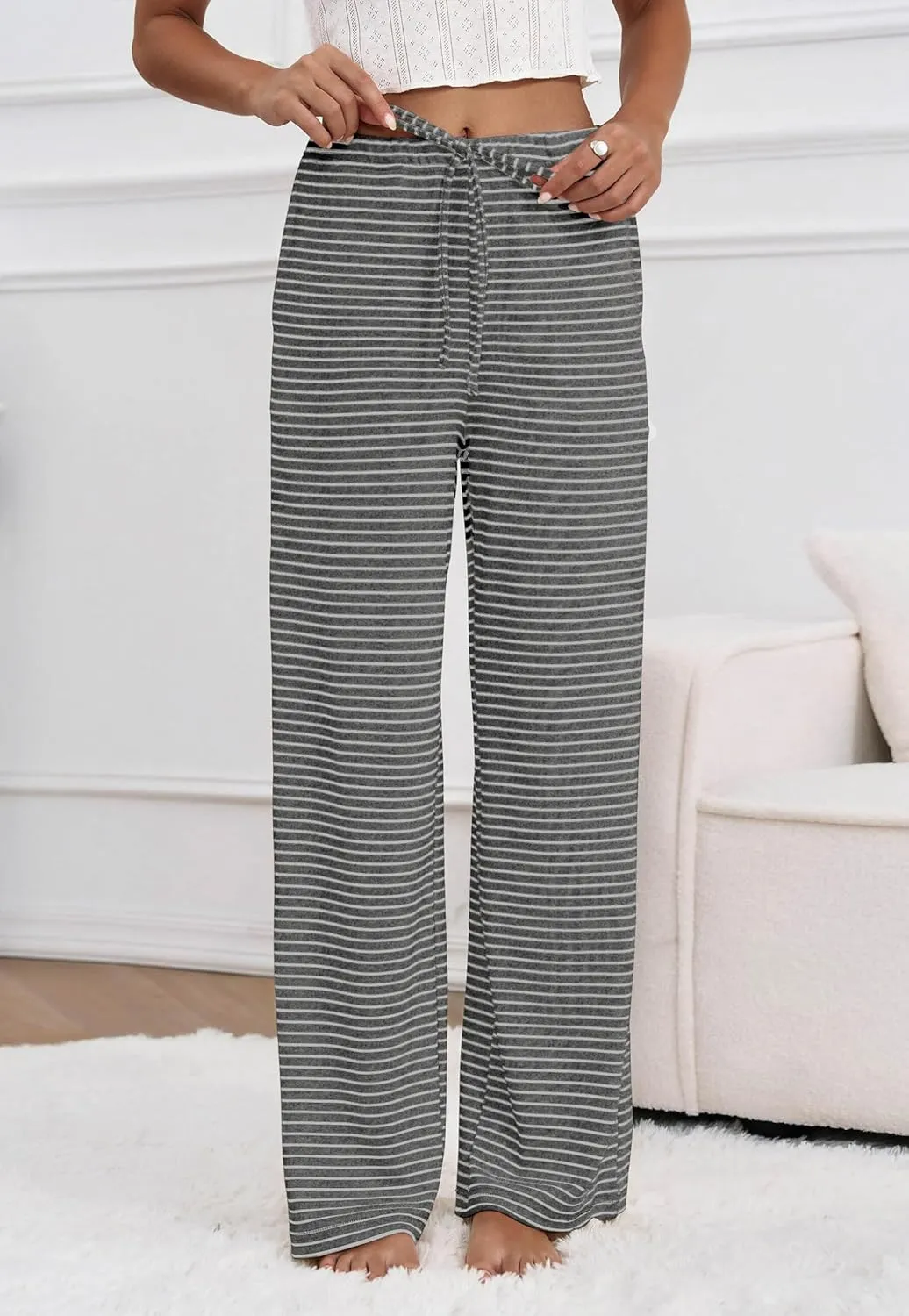 Zwurew Women's Striped Wide Leg Pants Drawstring Elastic Waist Knit Baggy Sweatpants with Pockets