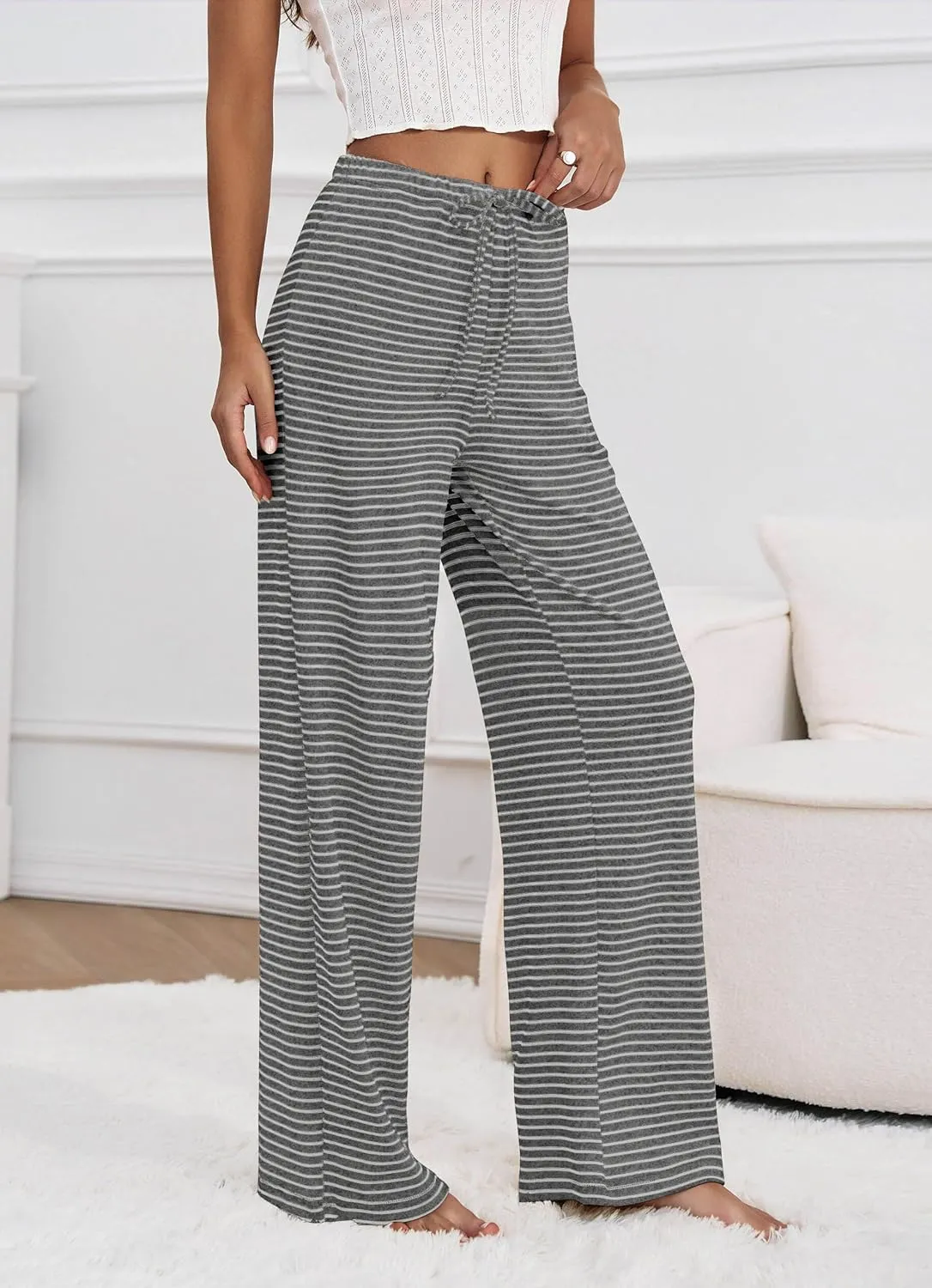 Zwurew Women's Striped Wide Leg Pants Drawstring Elastic Waist Knit Baggy Sweatpants with Pockets