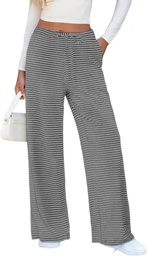 Zwurew Women's Striped Wide Leg Pants Drawstring Elastic Waist Knit Baggy Sweatpants with Pockets