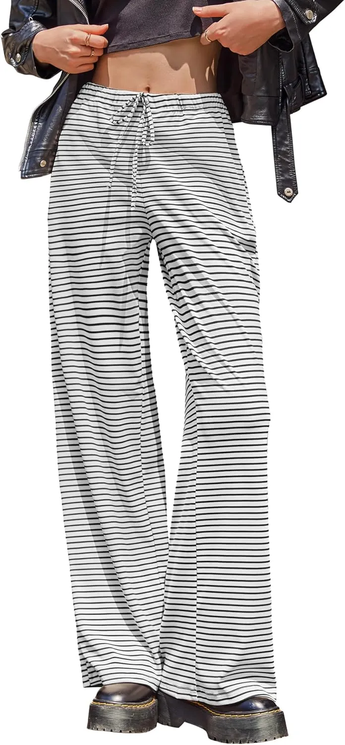 Zwurew Women's Striped Wide Leg Pants Drawstring Elastic Waist Knit Baggy Sweatpants with Pockets