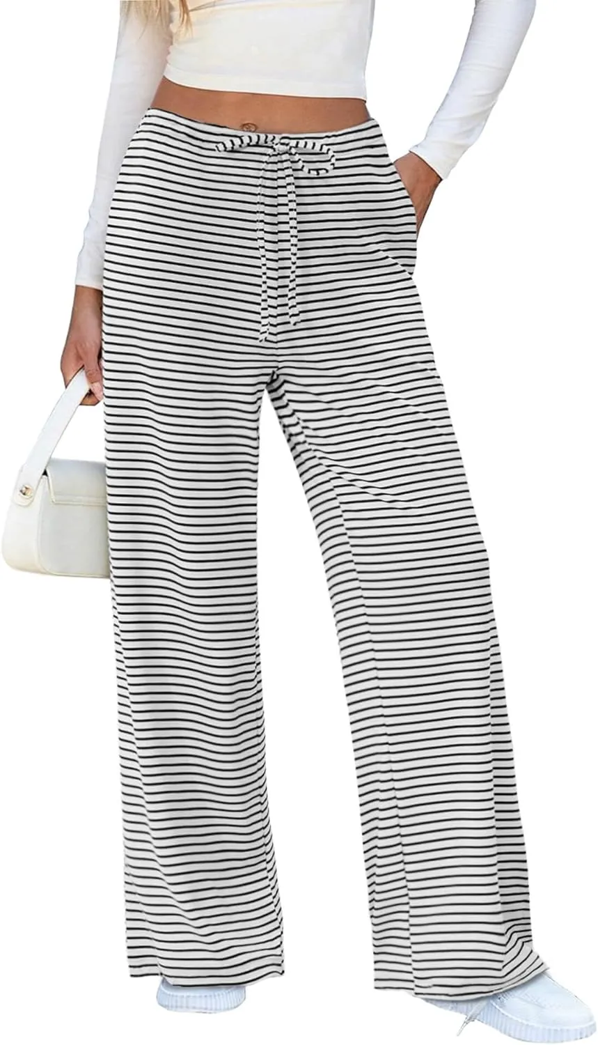 Zwurew Women's Striped Wide Leg Pants Drawstring Elastic Waist Knit Baggy Sweatpants with Pockets