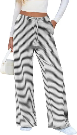 Zwurew Women's Striped Wide Leg Pants Drawstring Elastic Waist Knit Baggy Sweatpants with Pockets